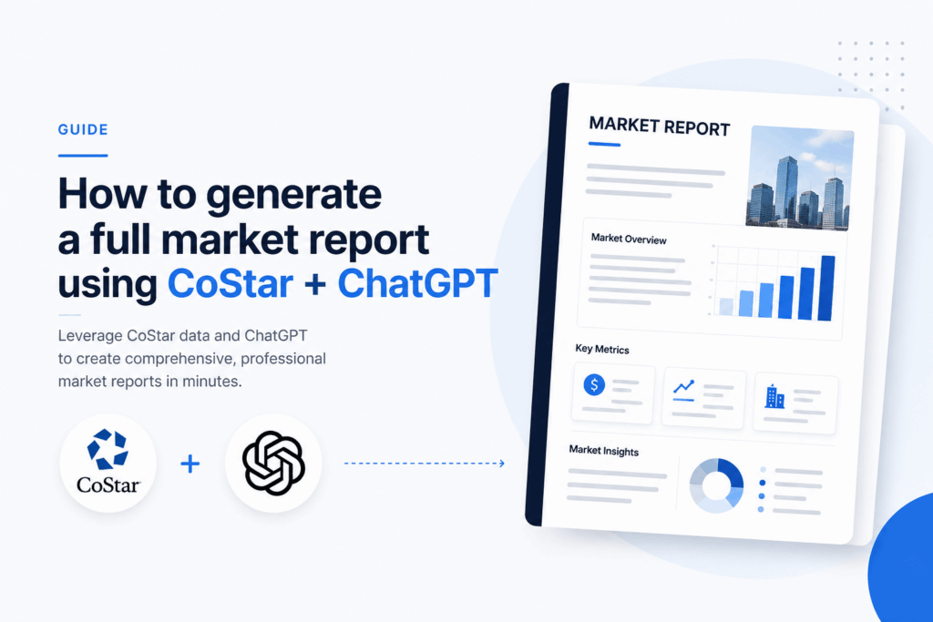 Minimalist feature image showing a commercial real estate market report dashboard with charts and data, illustrating CoStar and ChatGPT workflow on a light background.