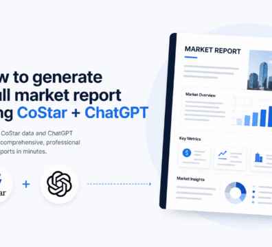 Minimalist feature image showing a commercial real estate market report dashboard with charts and data, illustrating CoStar and ChatGPT workflow on a light background.