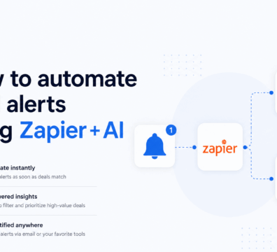 Minimalist illustration showing automated deal alerts workflow using Zapier and AI with notification, email, and data processing icons on a light background