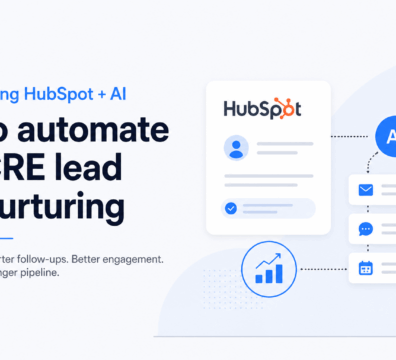Minimalist illustration showing HubSpot integrated with AI to automate CRE lead nurturing, featuring CRM interface, automation flow, and analytics icons on a light background.