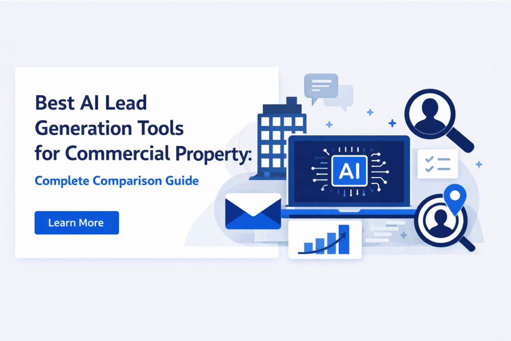 Best AI lead generation tools for commercial property shown with laptop, AI icons, analytics chart, and digital marketing elements