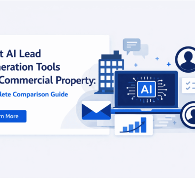 Best AI lead generation tools for commercial property shown with laptop, AI icons, analytics chart, and digital marketing elements