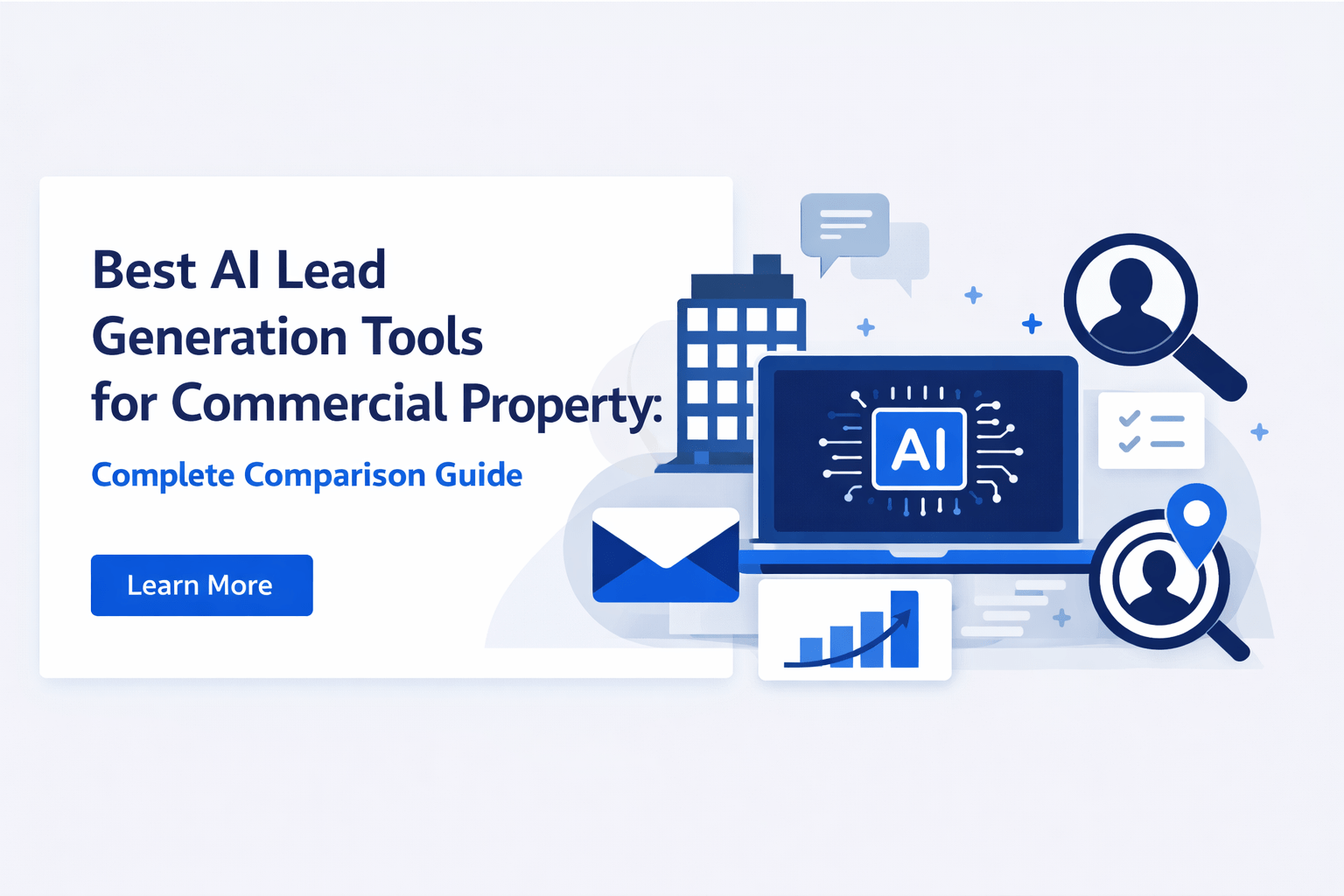 Best AI lead generation tools for commercial property shown with laptop, AI icons, analytics chart, and digital marketing elements