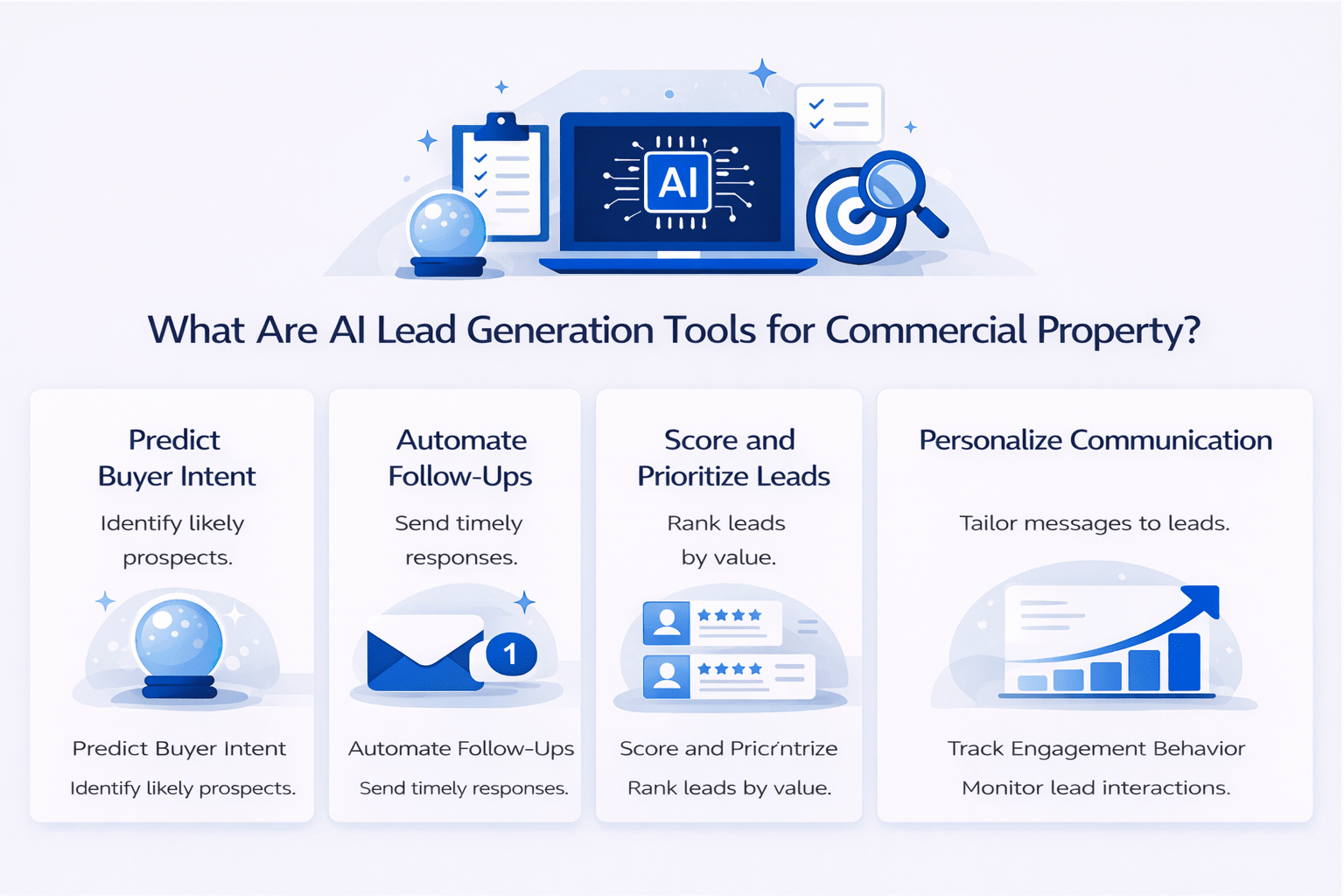 AI lead generation tools for commercial property showing features like buyer intent prediction, automated follow-ups, lead scoring, and engagement tracking