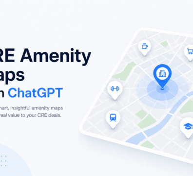 Minimalist feature image showing a clean CRE amenity map interface with location pins and icons, alongside bold text “CRE Amenity Maps with ChatGPT” in a modern blue and navy color scheme.