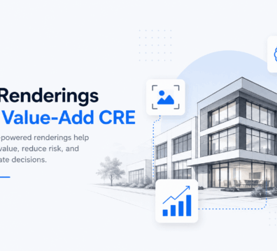 AI renderings for value-add CRE showing a modern commercial building with minimalist design and blue accents on a light background