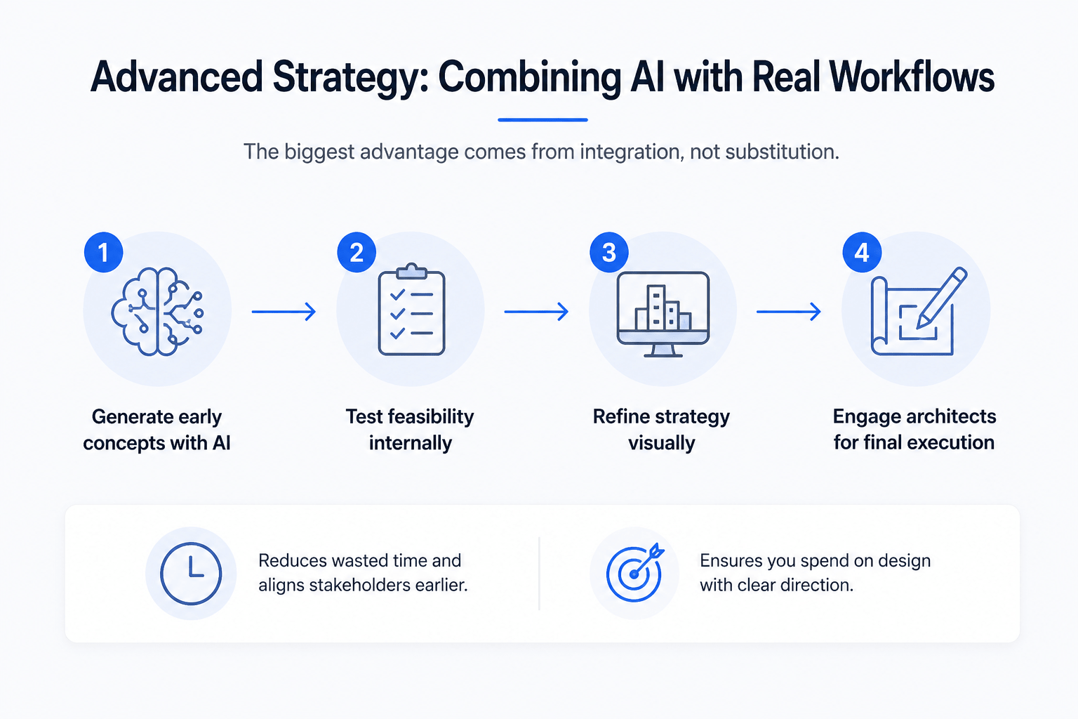 Minimal infographic showing a four-step AI workflow for real estate projects, from generating concepts to final architectural execution.