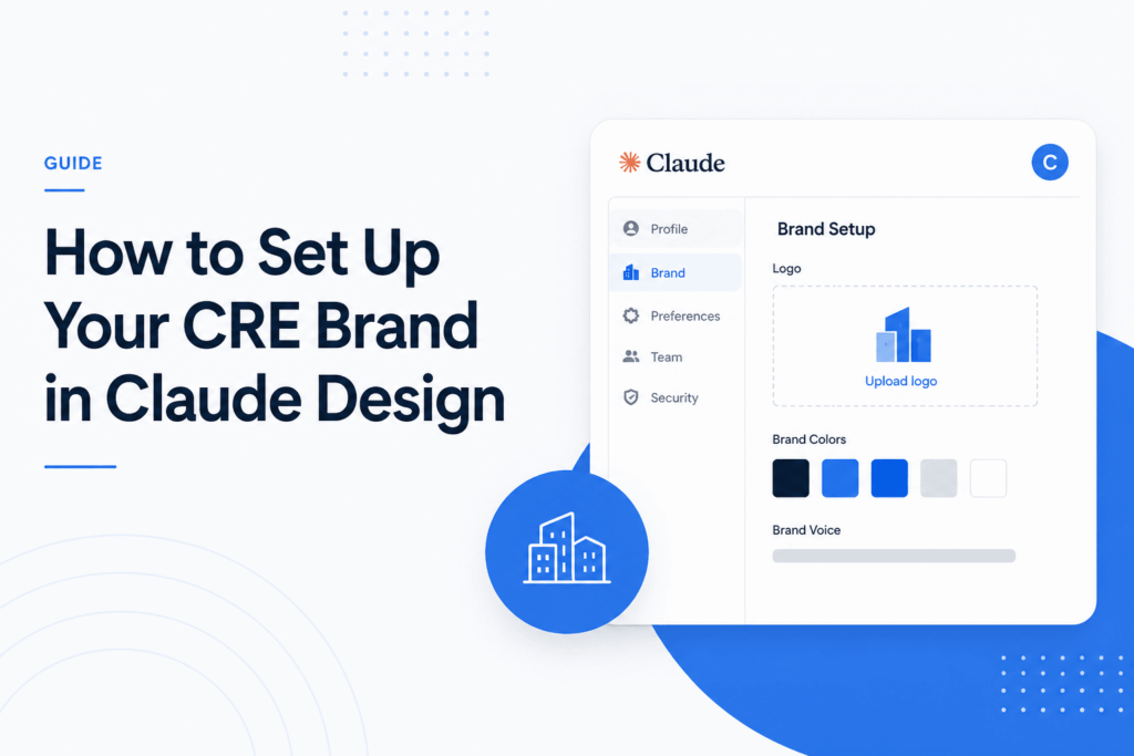 Minimalist feature image showing a CRE brand setup interface in Claude Design with logo upload, brand colors, and settings panel.