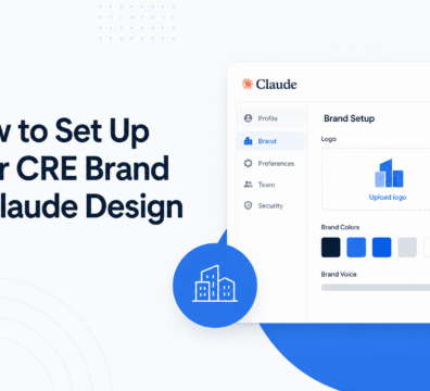 Minimalist feature image showing a CRE brand setup interface in Claude Design with logo upload, brand colors, and settings panel.