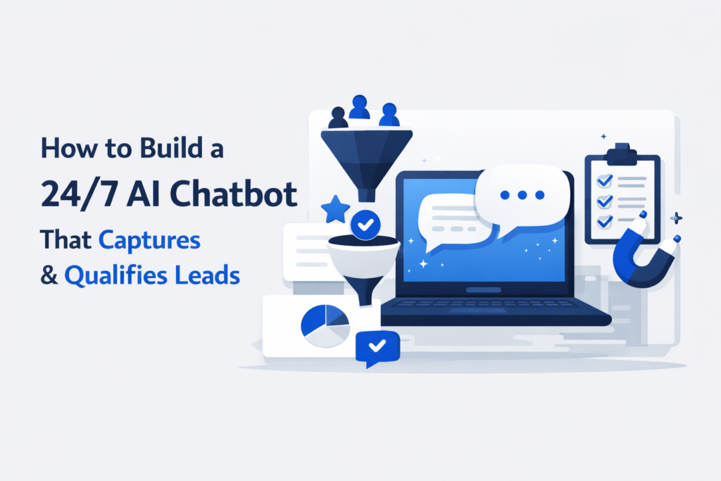 Minimalist SaaS-style illustration showing a laptop with chatbot conversation bubbles, a lead funnel, checklist, and analytics elements on a light background in blue and grey tones, representing automated lead capture and qualification.