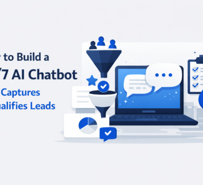 Minimalist SaaS-style illustration showing a laptop with chatbot conversation bubbles, a lead funnel, checklist, and analytics elements on a light background in blue and grey tones, representing automated lead capture and qualification.