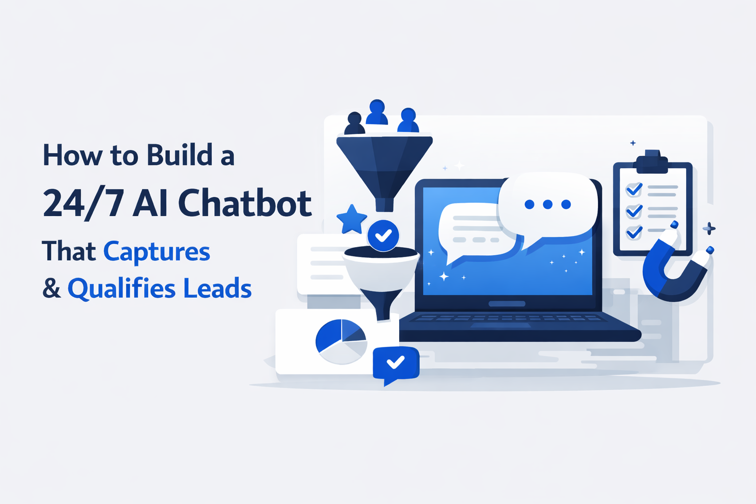 Minimalist SaaS-style illustration showing a laptop with chatbot conversation bubbles, a lead funnel, checklist, and analytics elements on a light background in blue and grey tones, representing automated lead capture and qualification.
