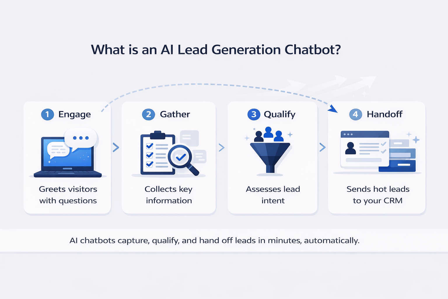Minimalist landscape infographic showing a four-step AI chatbot process: engage visitors with chat, collect key information, qualify lead intent, and hand off qualified leads to a CRM system, using clean blue and grey SaaS-style visuals.