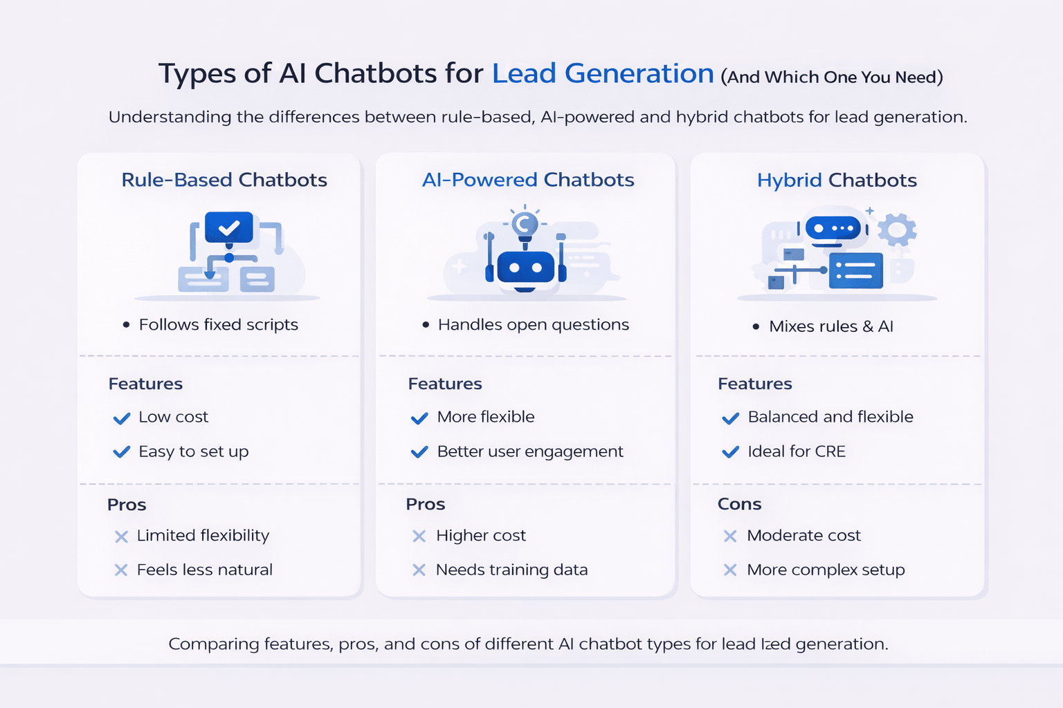 Minimalist landscape infographic comparing rule-based, AI-powered, and hybrid chatbots, showing their features, advantages, and limitations in a clean blue and grey SaaS-style design.