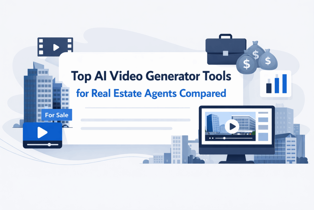 Modern commercial real estate buildings with video marketing interface illustrating AI video tools for property marketing
