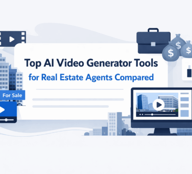 Modern commercial real estate buildings with video marketing interface illustrating AI video tools for property marketing
