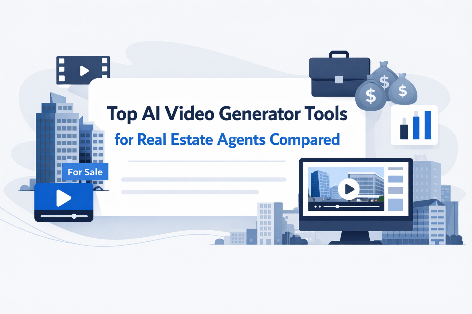 Modern commercial real estate buildings with video marketing interface illustrating AI video tools for property marketing