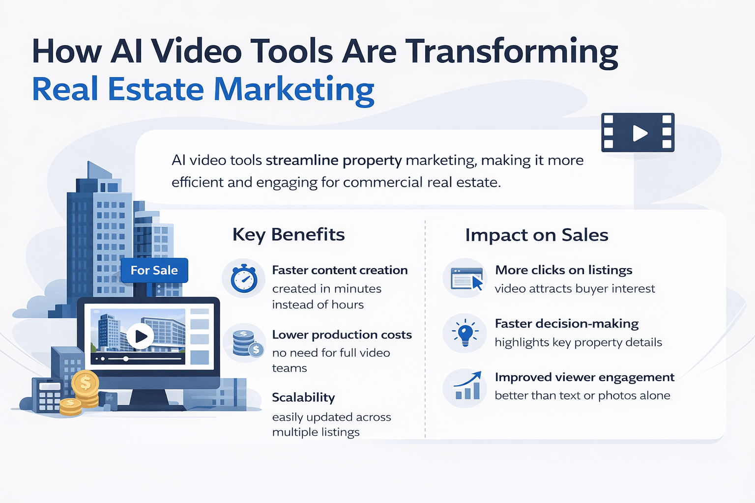 Minimalist infographic showing benefits and impact of AI video tools in commercial real estate marketing