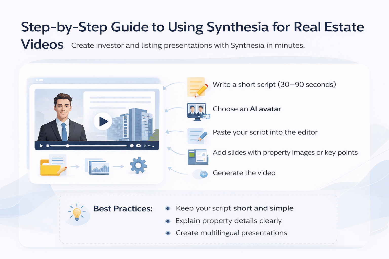 Step-by-step infographic showing how to use Synthesia AI for real estate video presentations