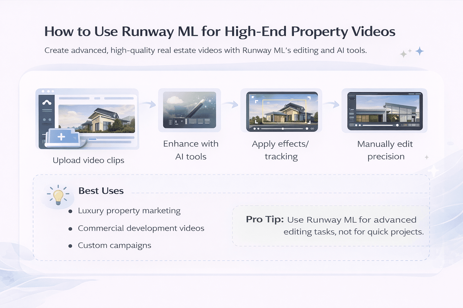 Step-by-step infographic showing how to use Runway ML for advanced real estate video editing and production