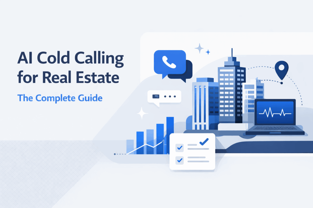 Minimalist banner featuring commercial buildings, call icons, and analytics visuals representing AI cold calling in commercial real estate.