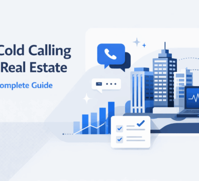 Minimalist banner featuring commercial buildings, call icons, and analytics visuals representing AI cold calling in commercial real estate.