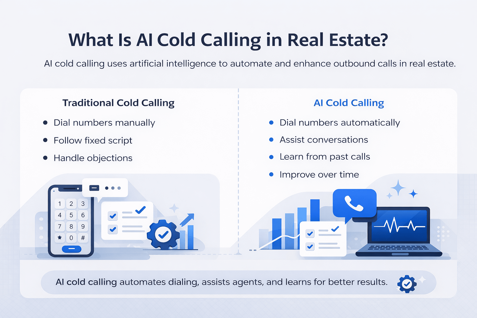 Minimalist infographic comparing traditional cold calling and AI cold calling in real estate, highlighting automation, learning, and improved efficiency.