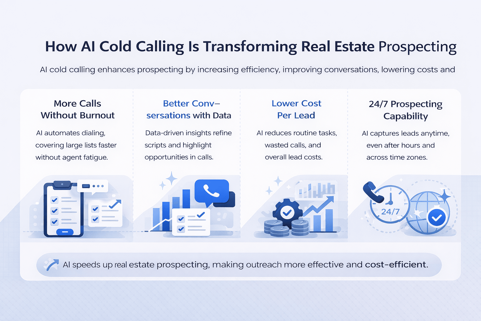 Minimalist landscape infographic showing how AI cold calling improves real estate prospecting through efficiency, better conversations, lower costs, and 24/7 outreach.