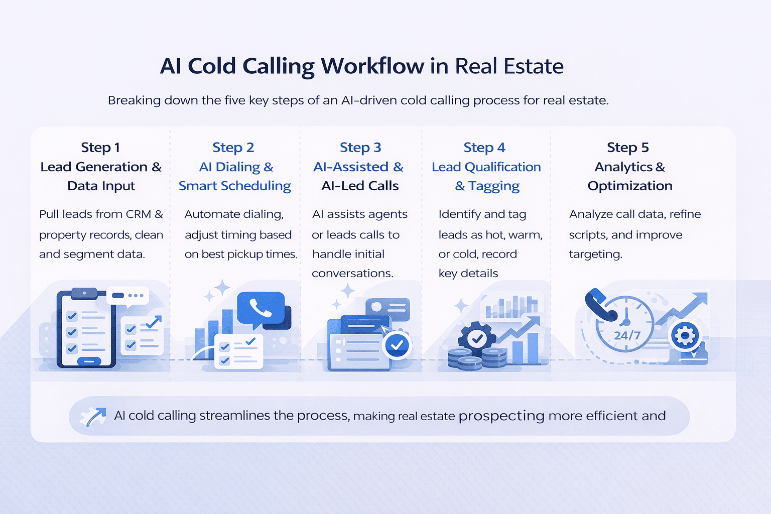 Minimalist landscape infographic showing a 5-step AI cold calling workflow in real estate, from lead generation to analytics and optimization.
