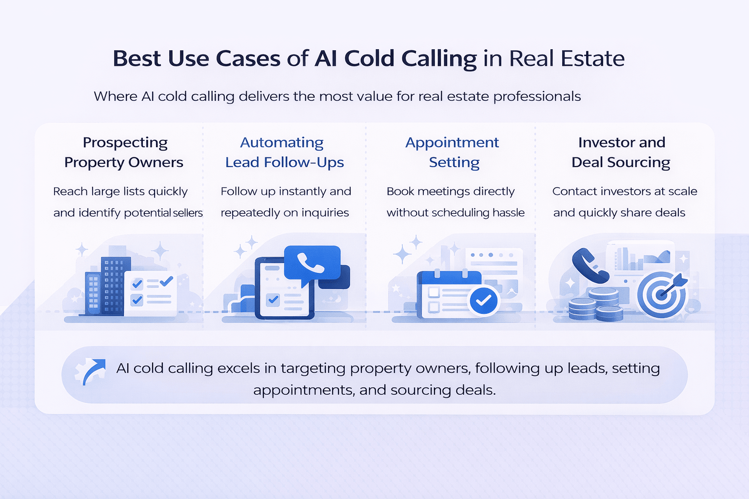 Minimalist landscape infographic showing key use cases of AI cold calling in real estate, including prospecting, follow-ups, appointment setting, and deal sourcing.