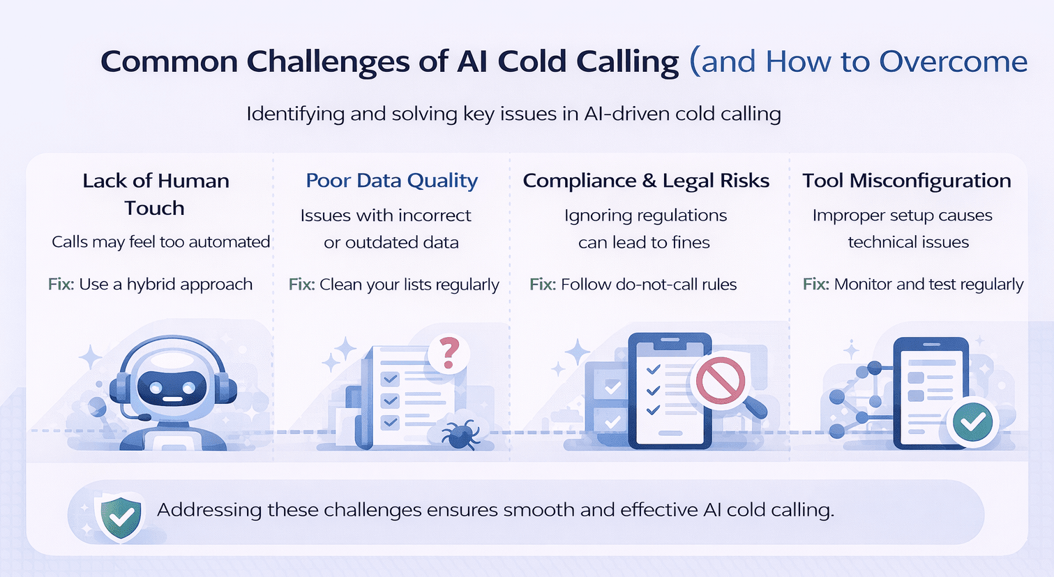 Minimalist landscape infographic showing common challenges of AI cold calling—human touch, data quality, compliance, and setup—along with simple solutions.