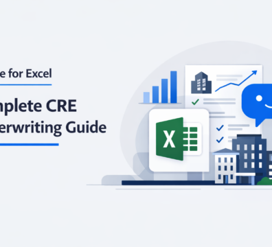 Minimalist illustration showing Excel, AI chatbot, and real estate charts for CRE underwriting analysis