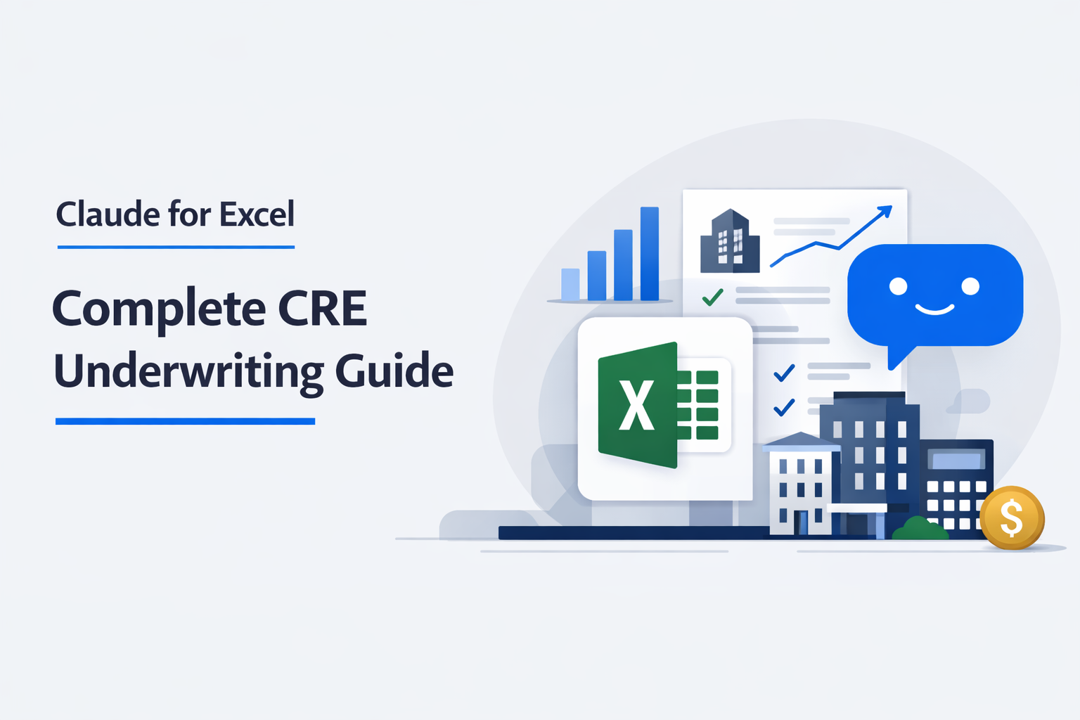Minimalist illustration showing Excel, AI chatbot, and real estate charts for CRE underwriting analysis