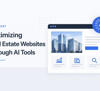 Modern commercial real estate website interface with AI tools, analytics dashboard, and office buildings illustration
