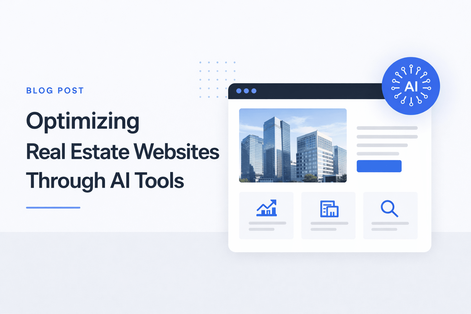Modern commercial real estate website interface with AI tools, analytics dashboard, and office buildings illustration
