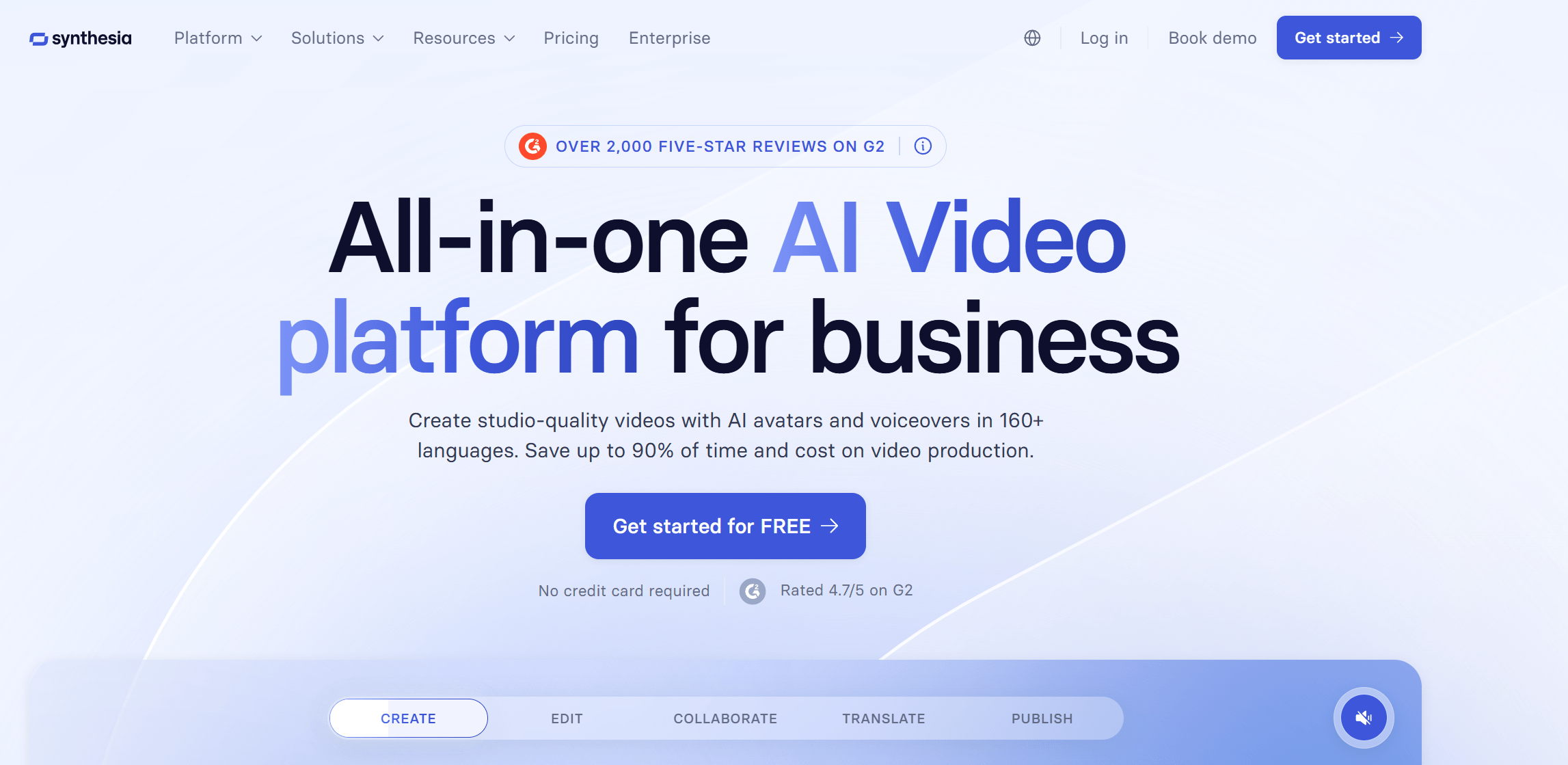 Synthesia AI video platform homepage showing all-in-one video creation tool for business with call-to-action button