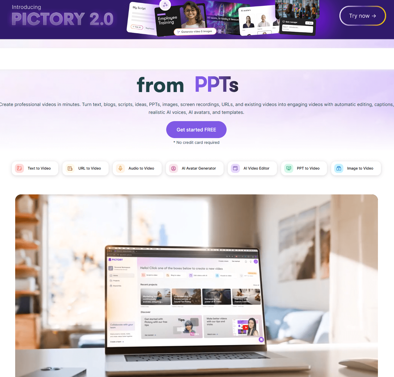 Pictory AI video tool interface showing PPT to video conversion feature on laptop screen