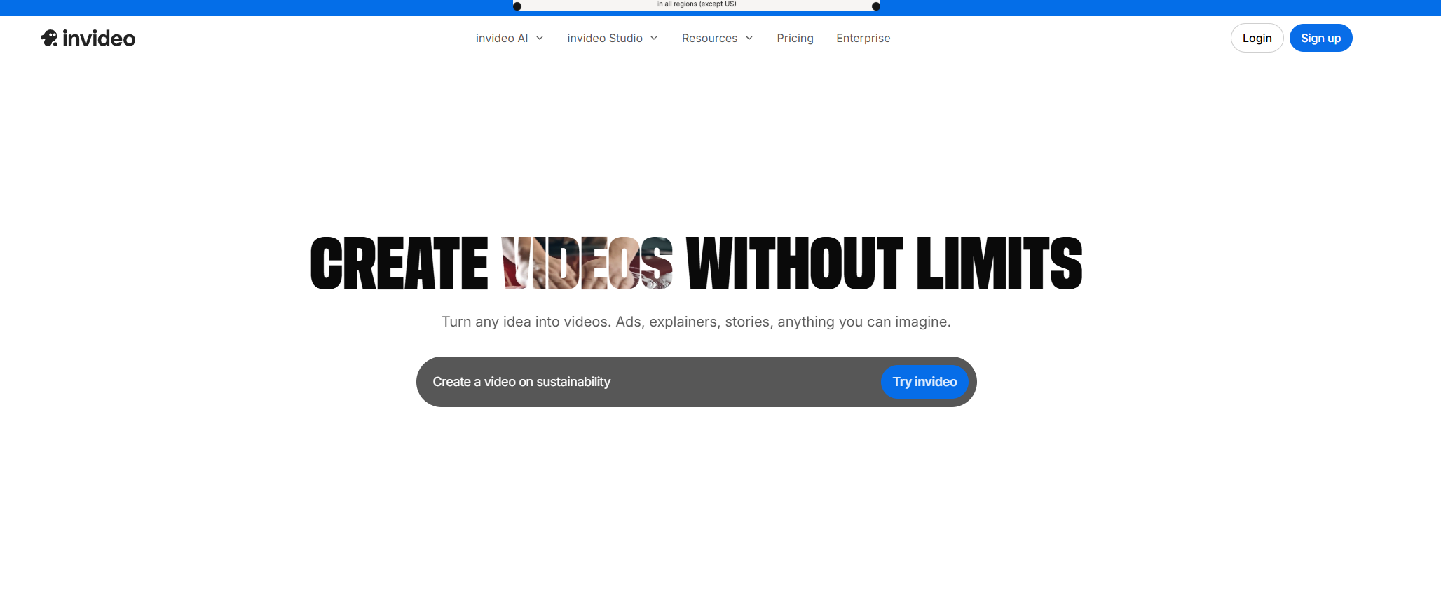 InVideo AI homepage showing video creation platform with “create videos without limits” headline and editor prompt