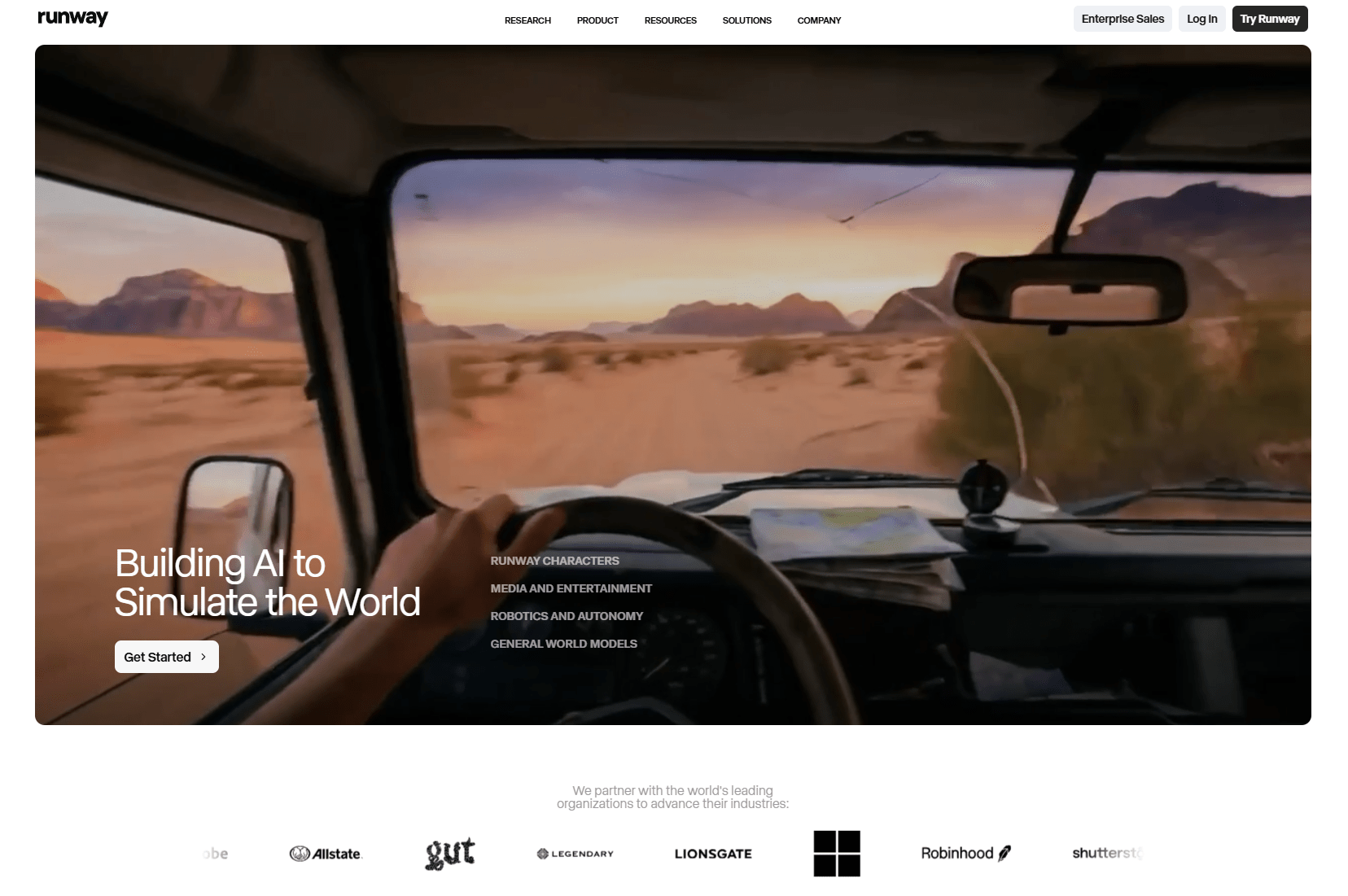 Runway AI homepage showing generative video platform with immersive driving scene and simulation technology focus