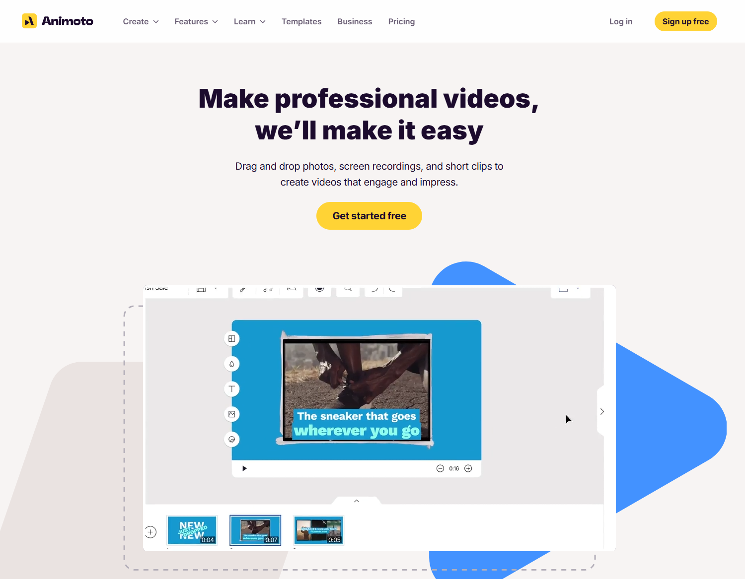 Animoto video maker interface showing drag and drop editor for creating professional marketing videos