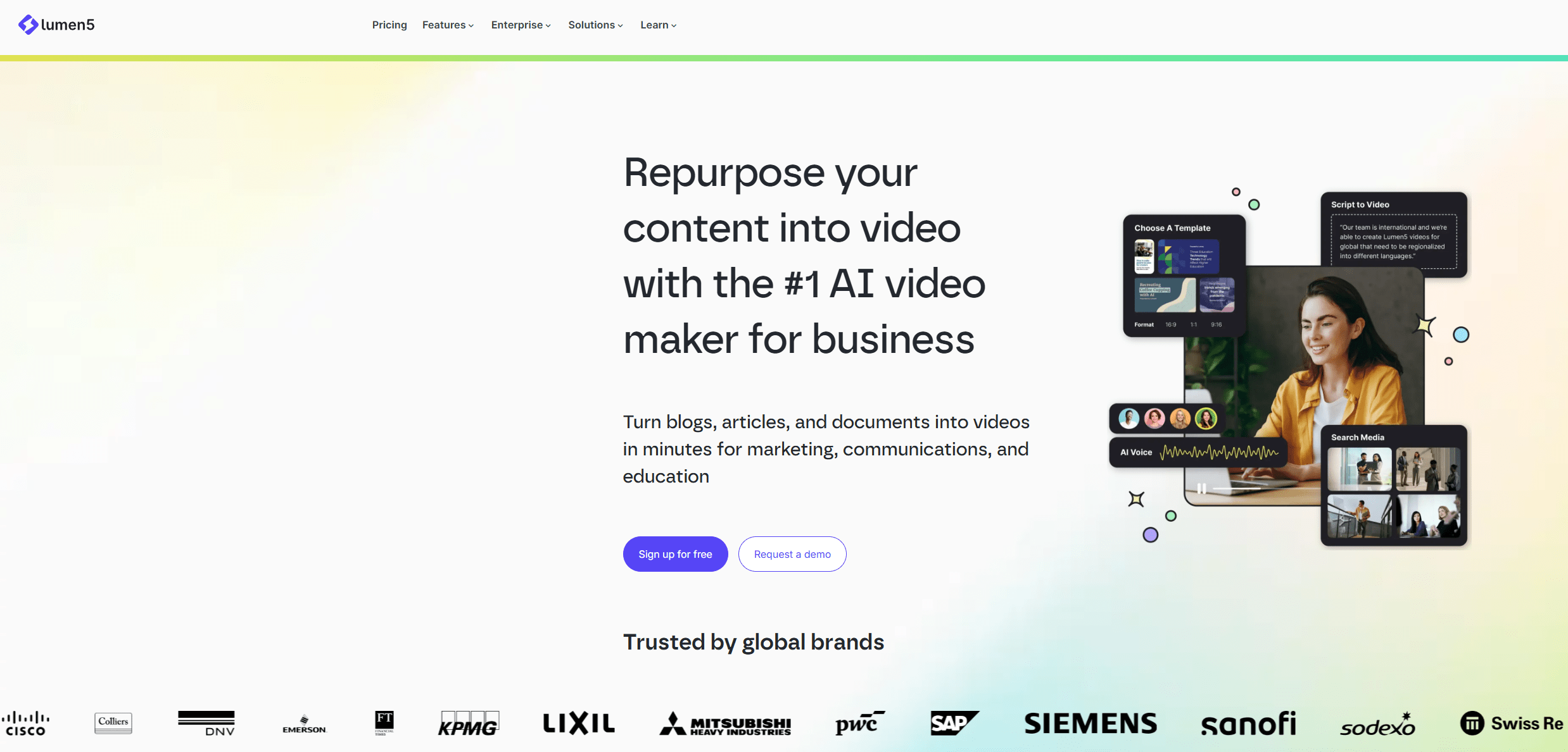 Lumen5 AI video maker homepage showing content to video conversion for business marketing and communication