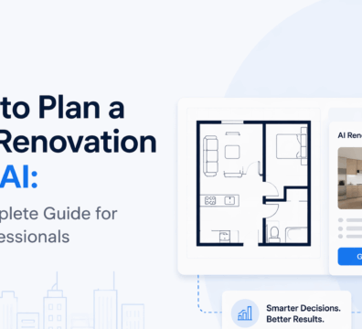 Minimalist blog feature image with blue and white SaaS-style design showing a modern luxury home render and the text “Using Midjourney for Real Estate Marketing Visuals.”