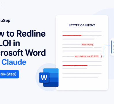 Minimalist feature image showing a redlined Letter of Intent in Microsoft Word with tracked changes and AI-assisted edits using Claude.