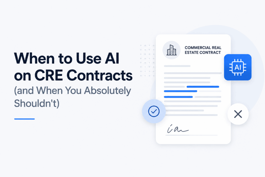 Minimalist feature image showing a commercial real estate contract with AI interface elements, highlighting when to use AI in CRE contracts, set on a clean light background with blue accents.