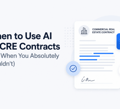Minimalist feature image showing a commercial real estate contract with AI interface elements, highlighting when to use AI in CRE contracts, set on a clean light background with blue accents.