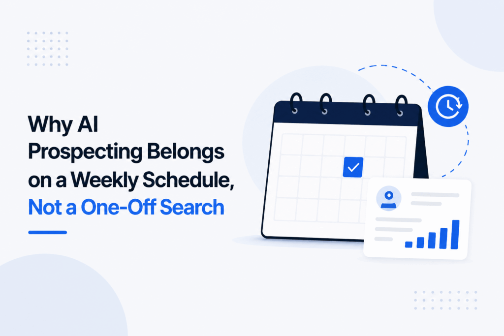 Minimalist feature image showing a weekly calendar and analytics dashboard representing AI prospecting scheduling