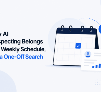 Minimalist feature image showing a weekly calendar and analytics dashboard representing AI prospecting scheduling
