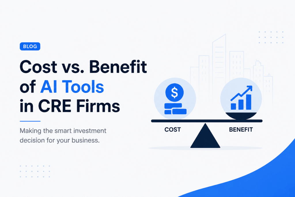 Minimalist feature image showing a cost vs benefit comparison of AI tools in commercial real estate, with a balanced scale, blue accents, and light background.