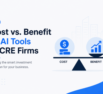 Minimalist feature image showing a cost vs benefit comparison of AI tools in commercial real estate, with a balanced scale, blue accents, and light background.