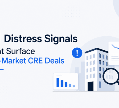 Minimalist feature image showing “9 Distress Signals That Surface Off-Market CRE Deals” with modern building illustration, analytics charts, and magnifying glass in blue and navy tones on a light background.